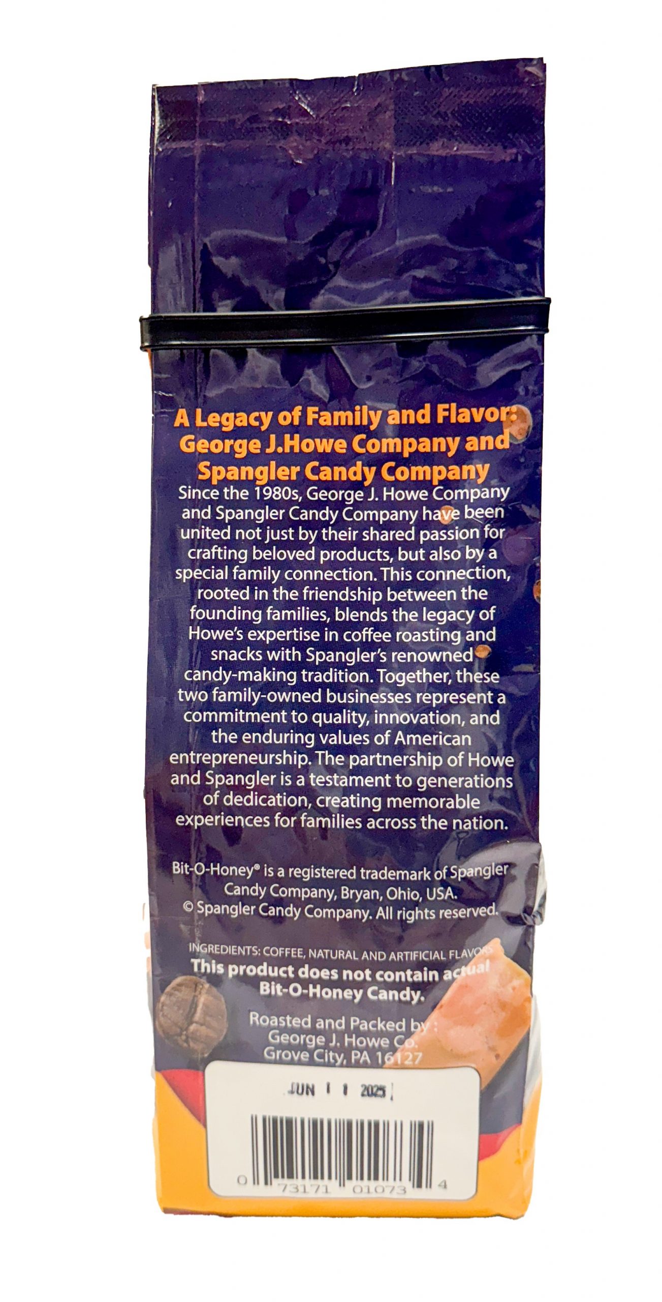 Back view of Howe Bit-O-Honey Ground Coffee Bag