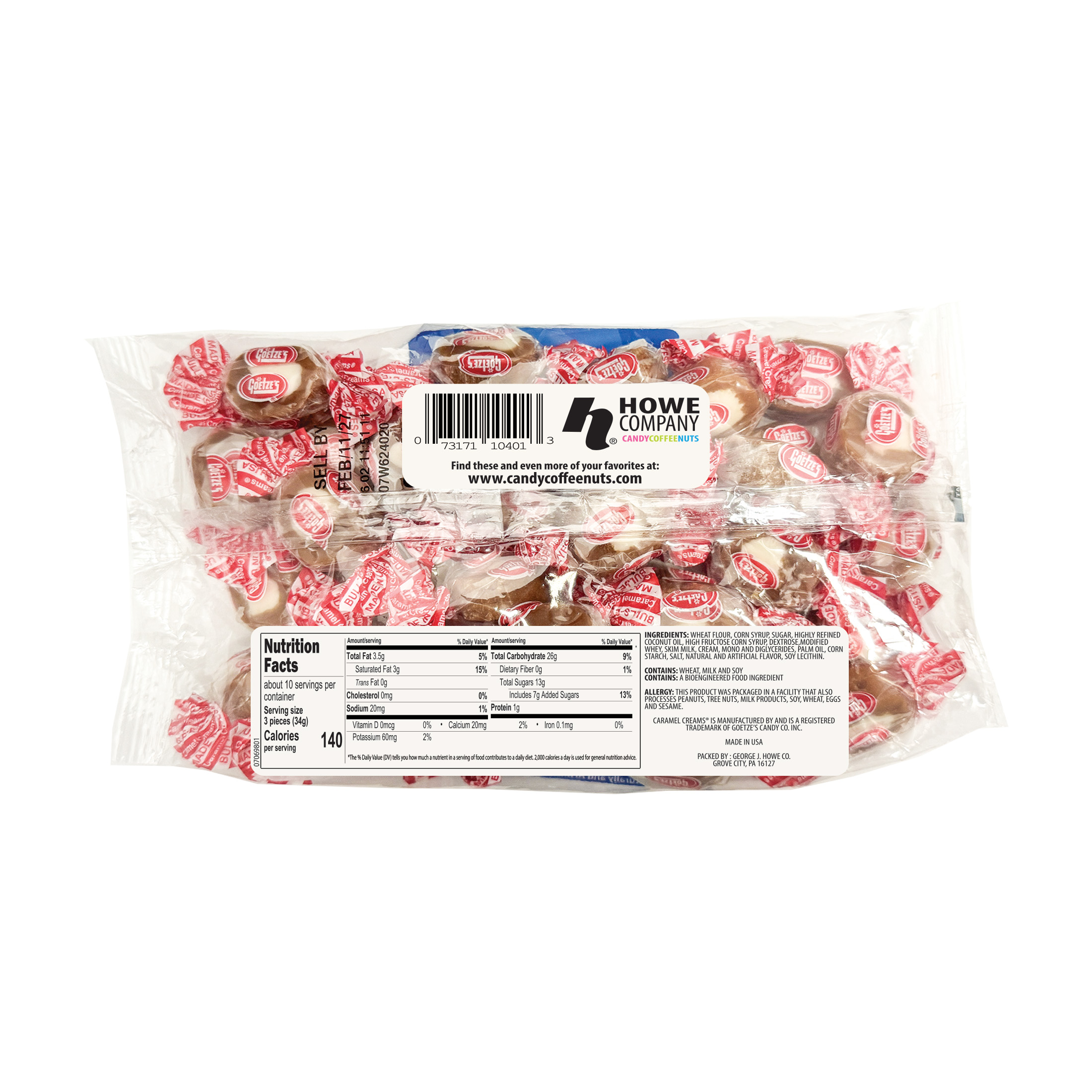 Back view of a Howe Company Caramel Creams bag