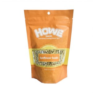 Front view of the new Howe Snacks Sunflower Seeds bag, in yellowy orange