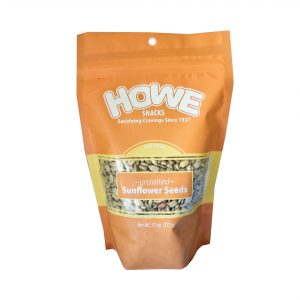 Front view of the new Howe Snacks unsalted Sunflower Seeds bag, in yellowy orange
