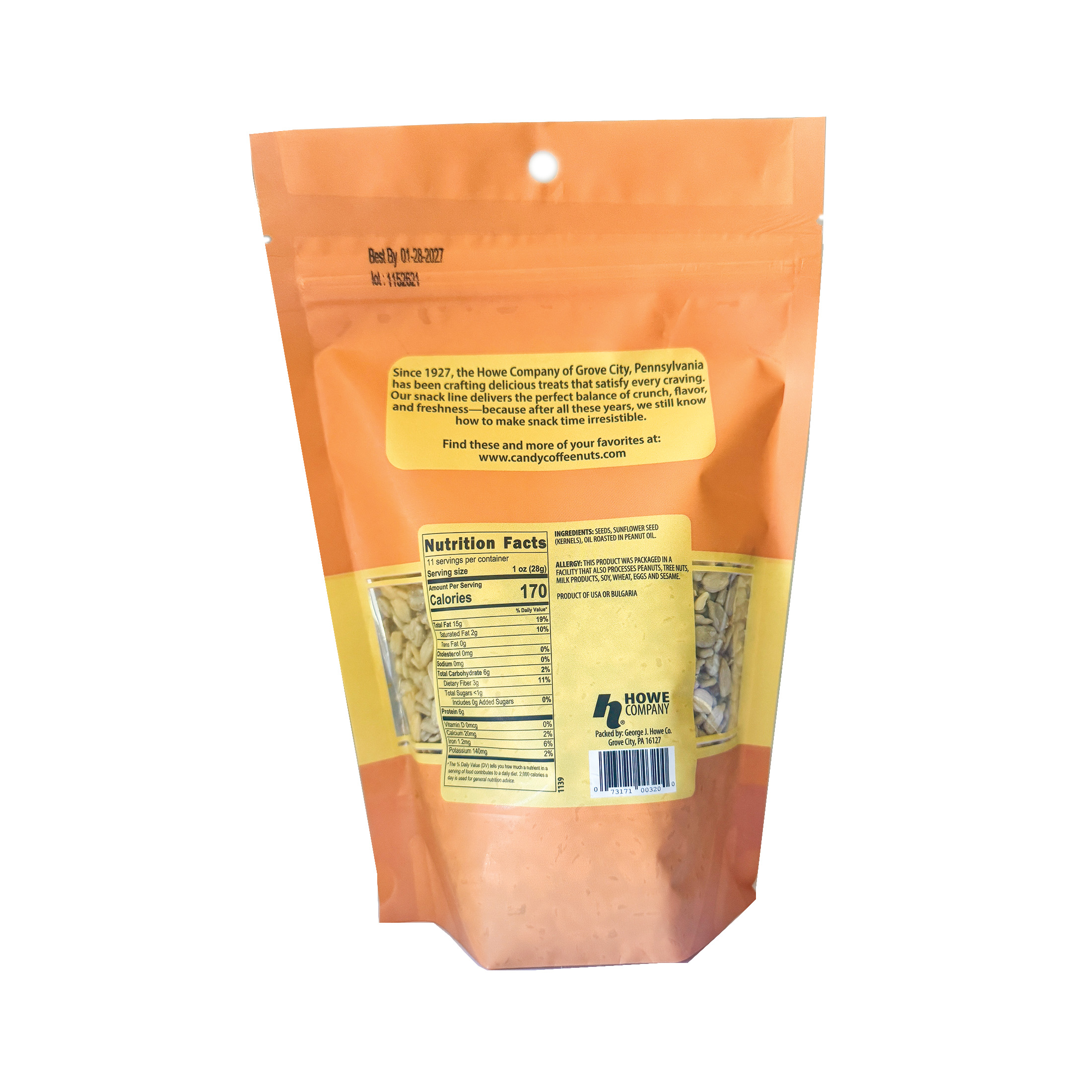 Back view of the new Howe Snacks unsalted Sunflower Seeds bag, in yellowy orange