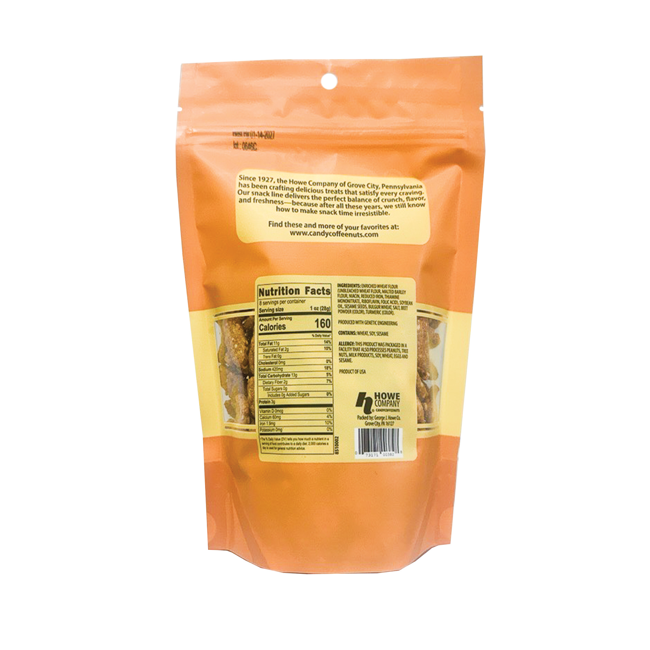 Back view of Howe Snacks Original Sesame Sticks bag, in yellowy orange