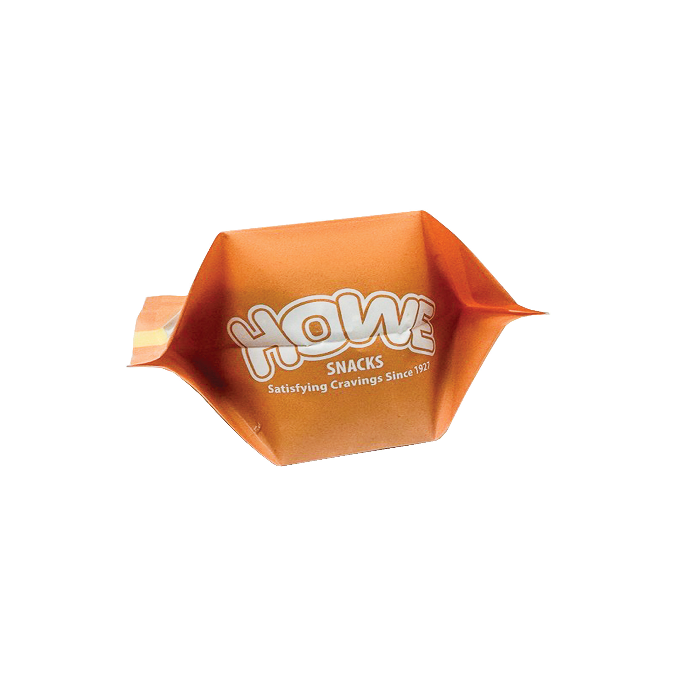 Bottom view of Howe Snacks Original Sesame Sticks bag, in yellowy orange