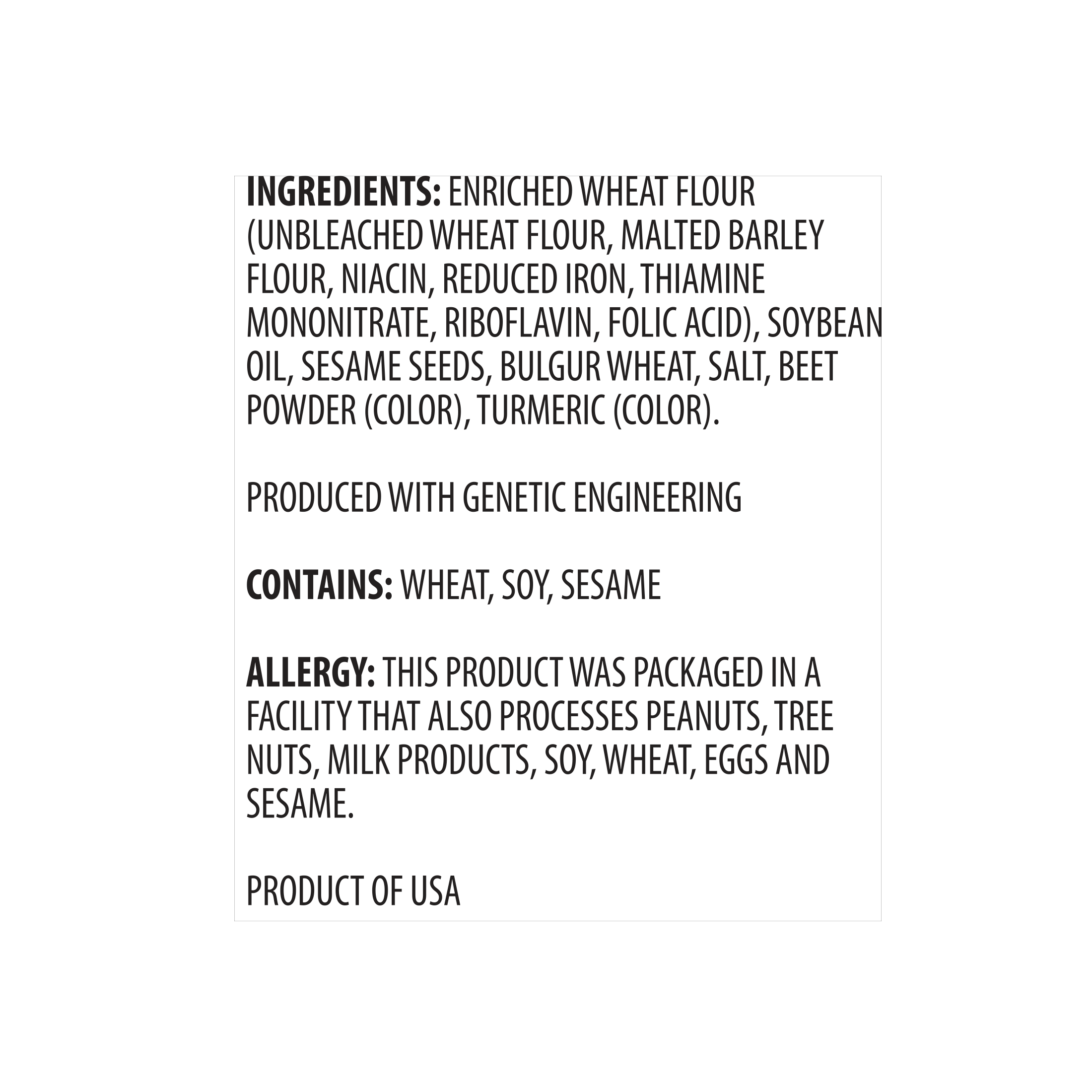 Ingredient list of Howe Snacks' Original Sesame Sticks