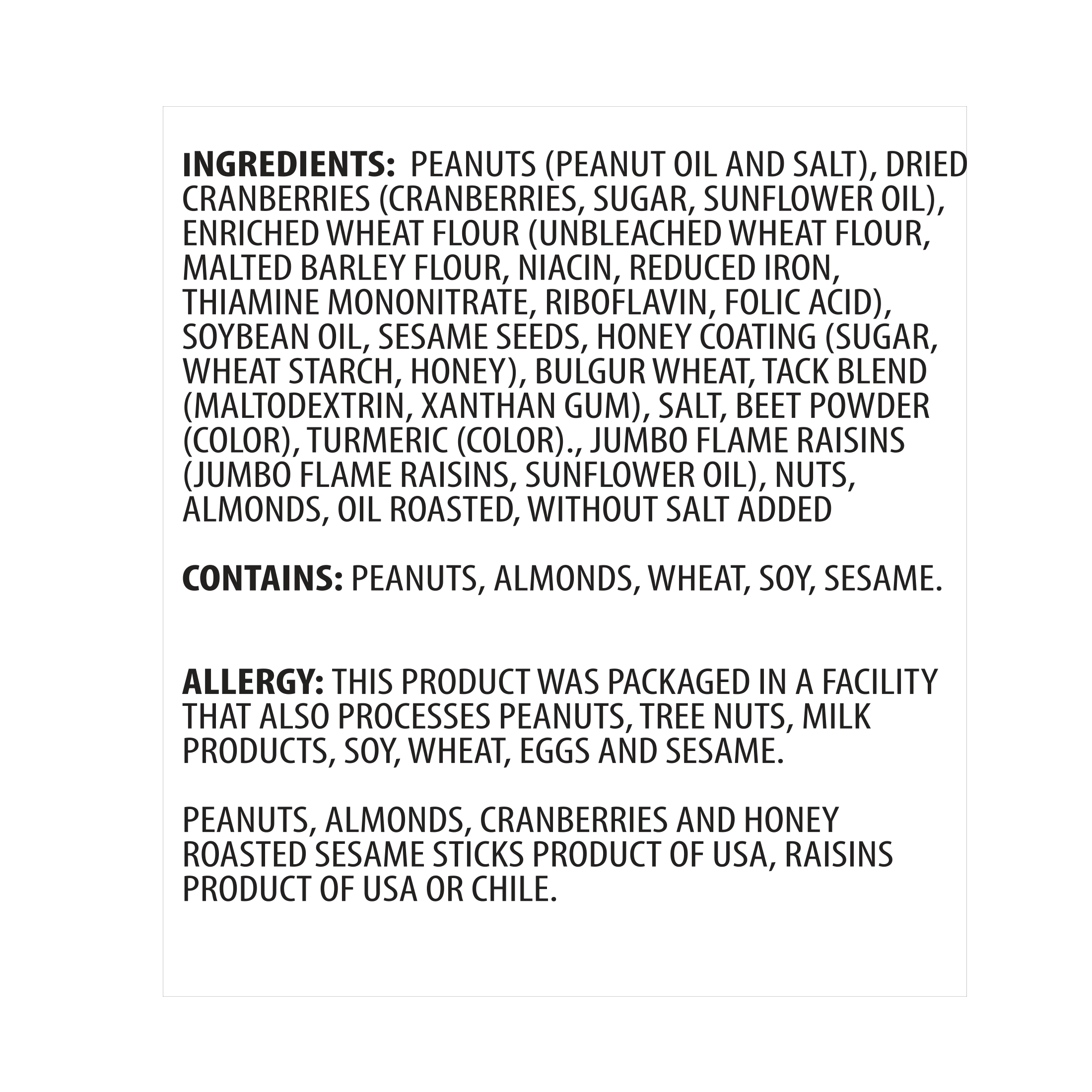 Howe Snacks' Cranberry Supreme Ingredient List