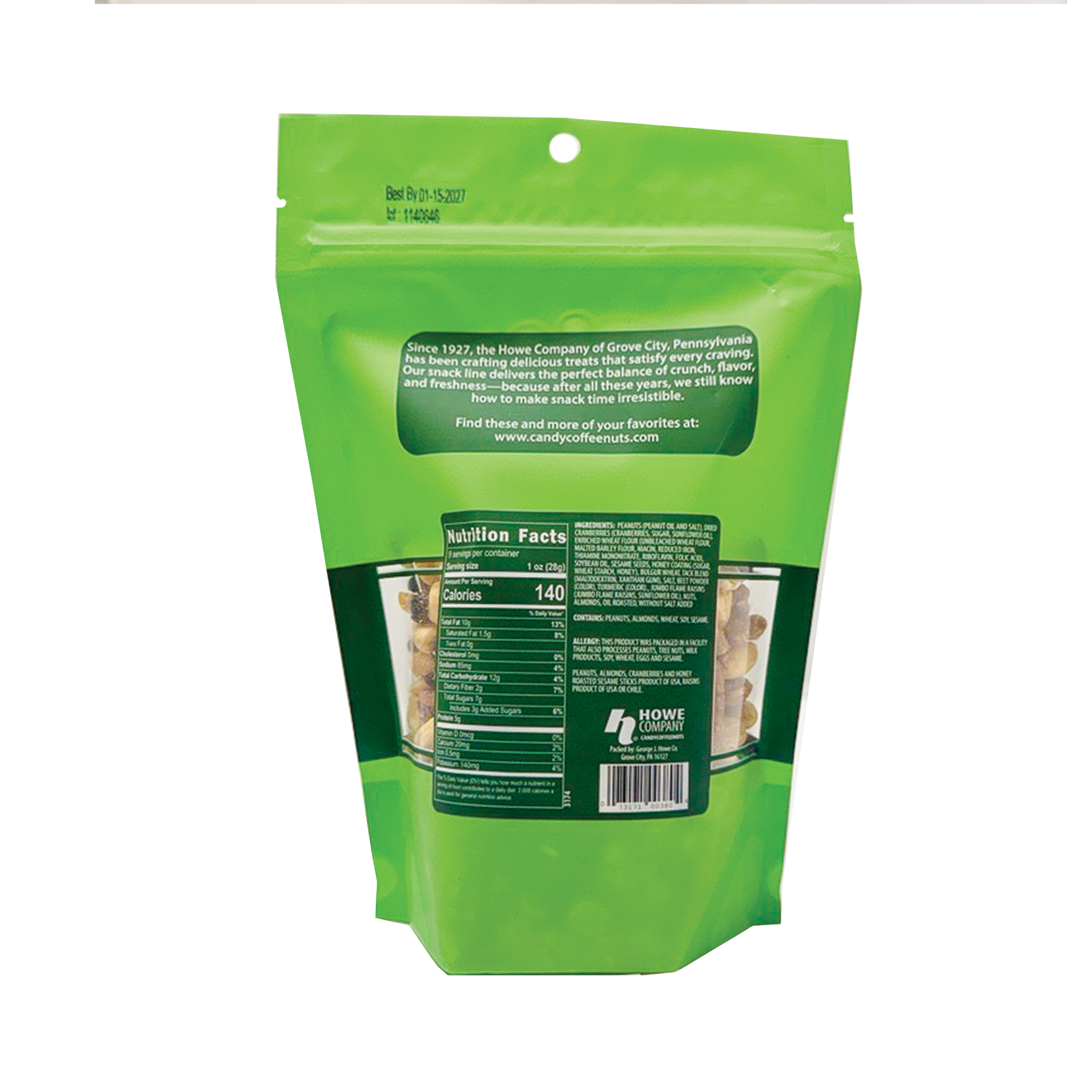 Back view of green Howe Snacks Cranberry Supreme bag