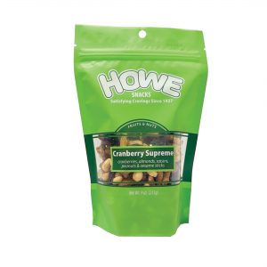 Front view of green Howe Snacks Cranberry Supreme bag