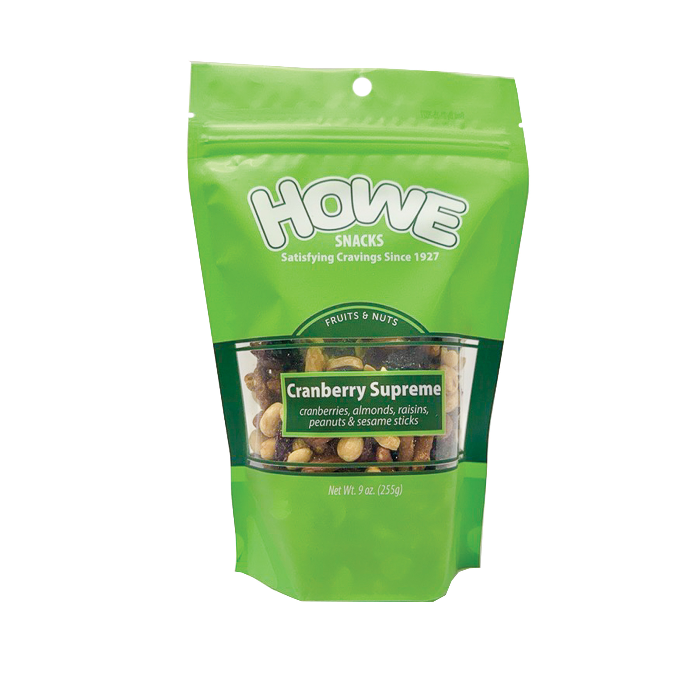 Front view of green Howe Snacks Cranberry Supreme bag
