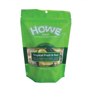 Front view of green Howe Snacks Tropical Fruit & Nut Mix bag
