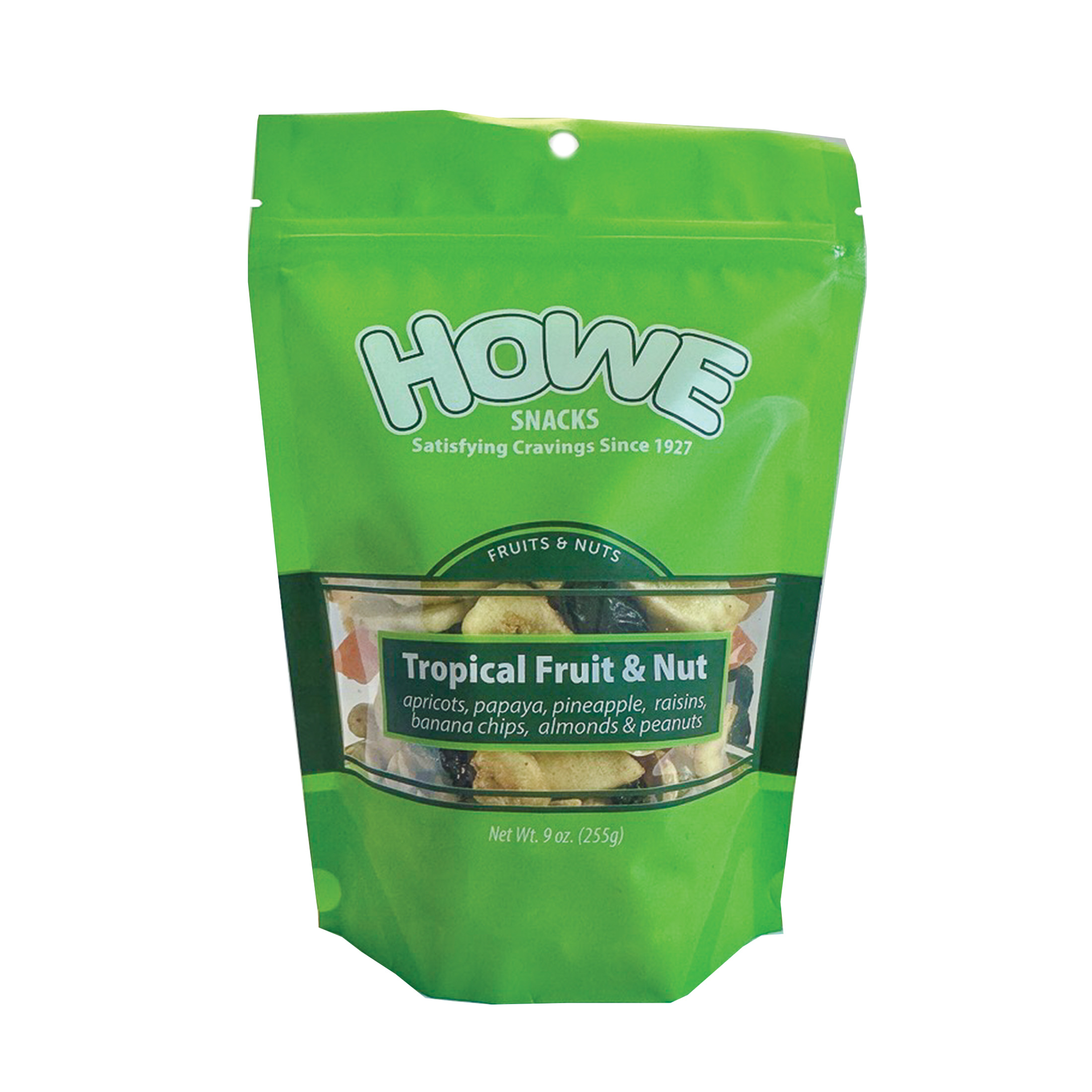 Front view of green Howe Snacks Tropical Fruit & Nut Mix bag