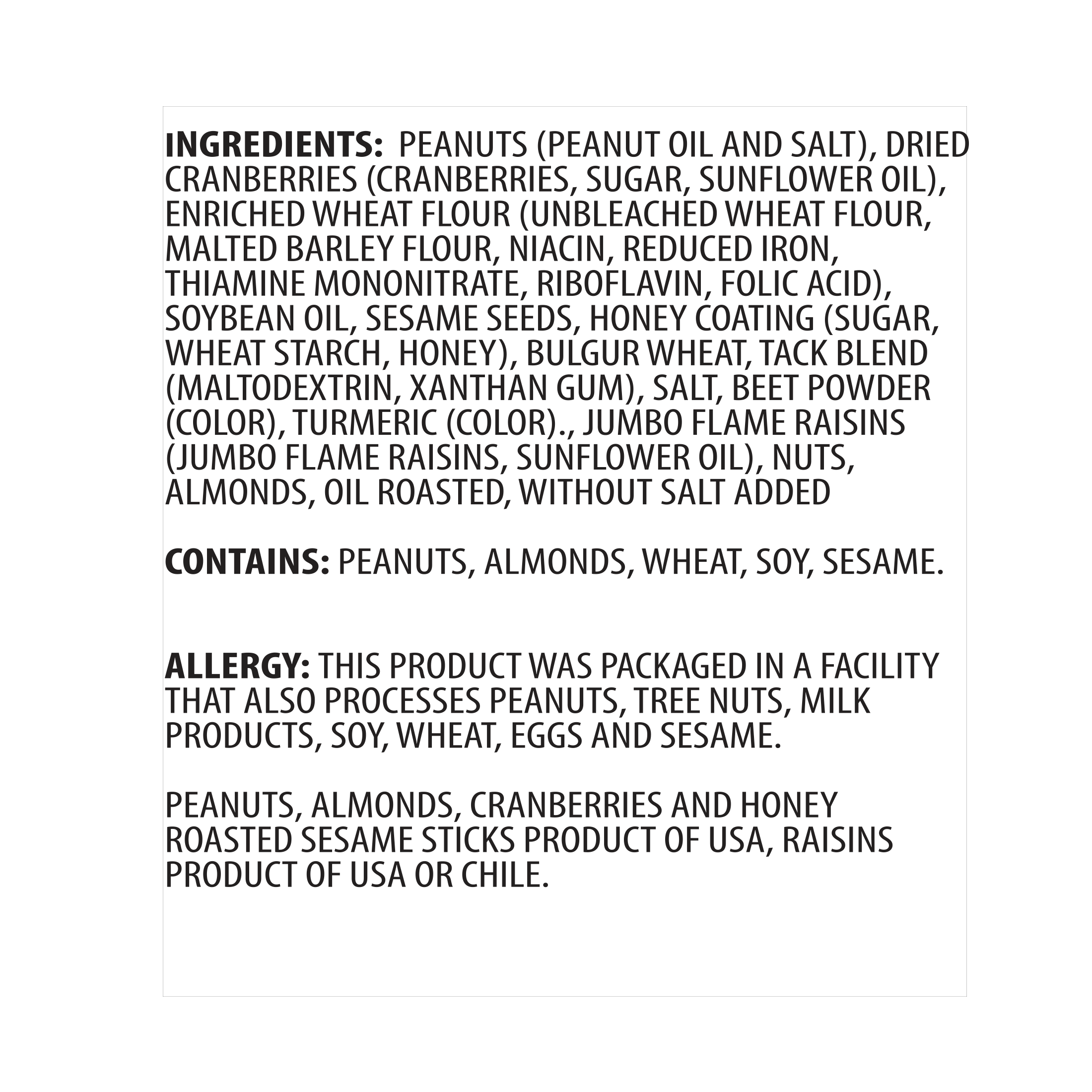 Ingredient list of Howe Snacks' Tropical Fruit and Nut Mix