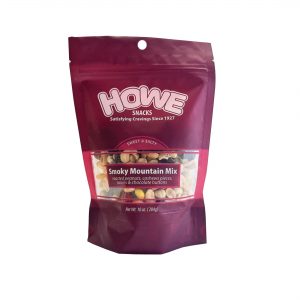 Front view of Howe Snacks Smoky Mountain Mix bag in maroon
