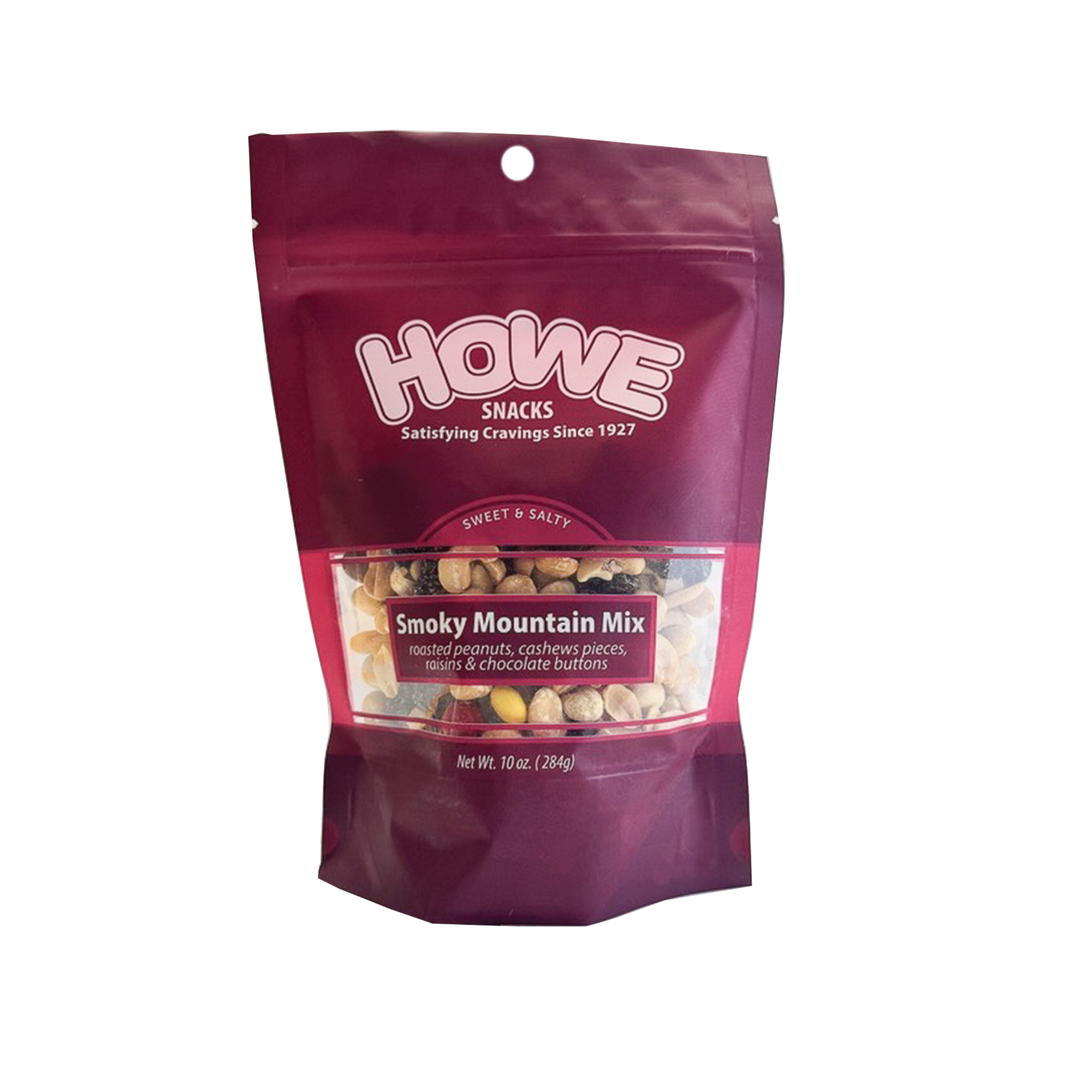 Front view of Howe Snacks Smoky Mountain Mix bag in maroon