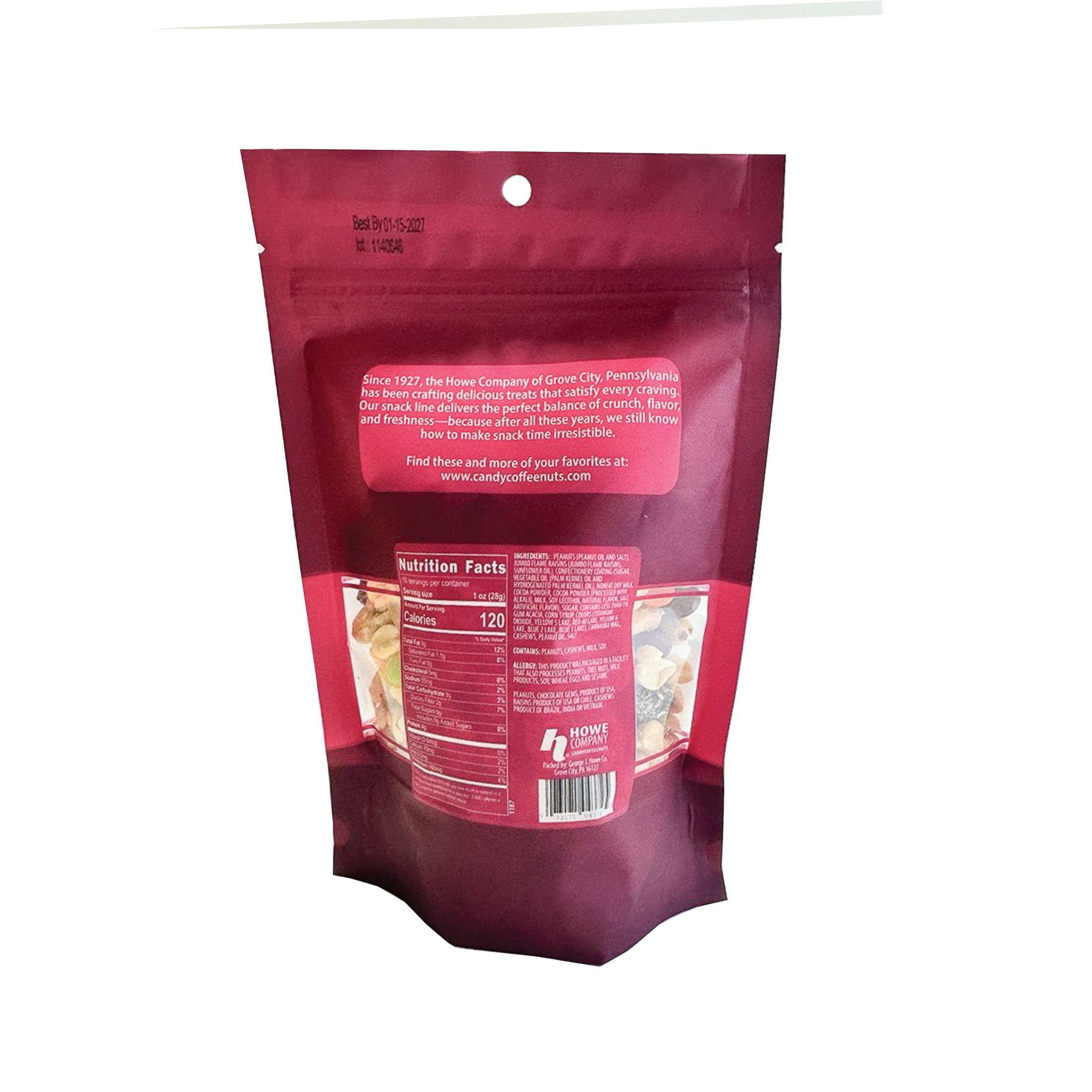 Back view of Howe Snacks Smoky Mountain Mix bag in maroon