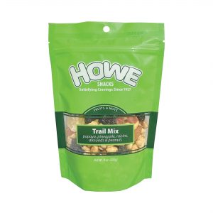 Front view of green Howe Snacks Trail Mix bag