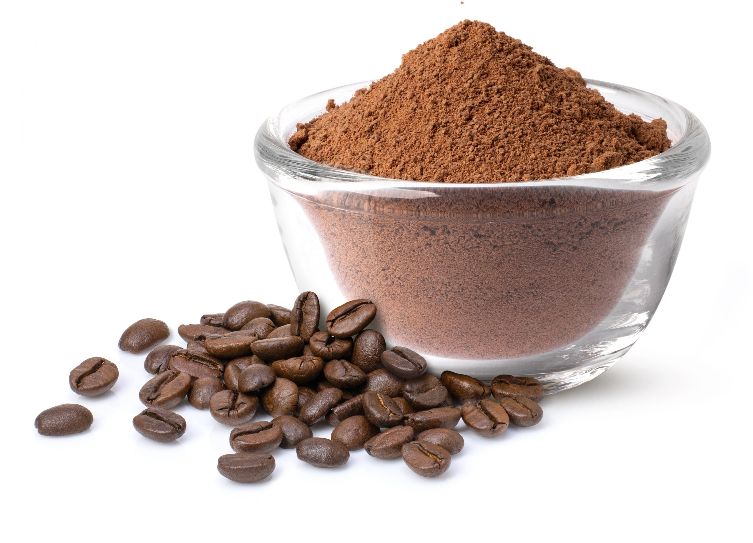 Clear bowl of George J Howe Verona Ground Coffee, with some tasty whole coffee beans next to it