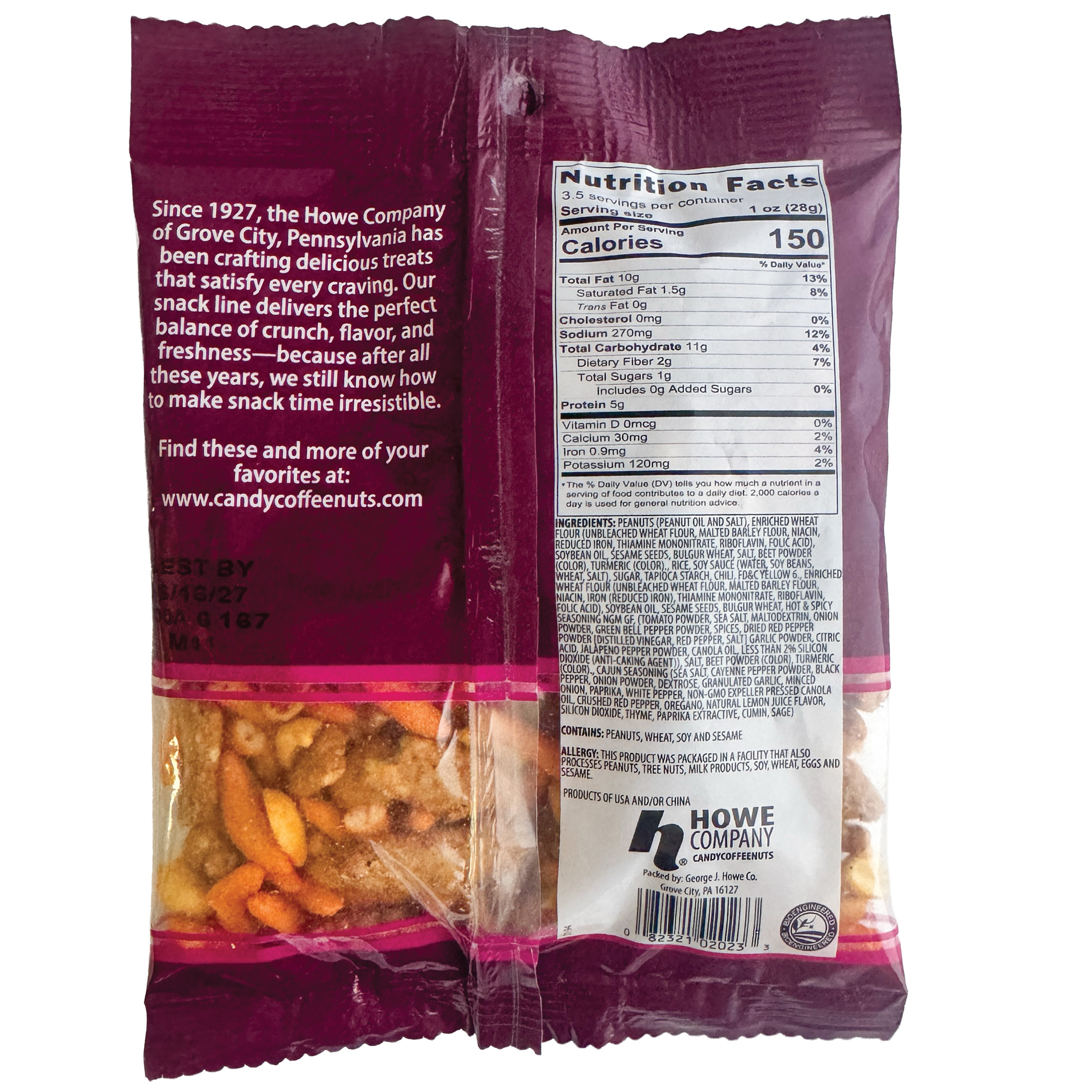 Back view of Howe Snacks Pepper & Cheese Pub Mix bag