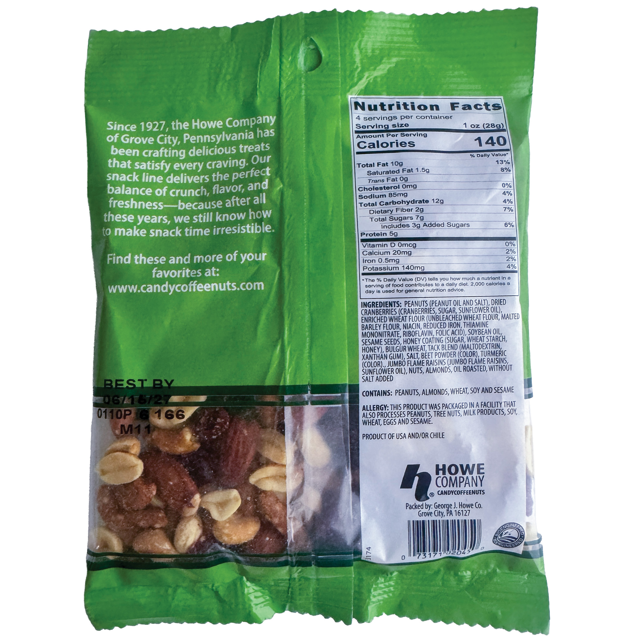 Back view of Howe Snacks' Cranberry Supreme Bag